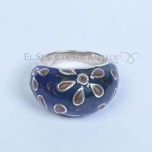 Anillo Fem. de Plata 925 Azul con Detalles de Flor - Ref.: 200104014