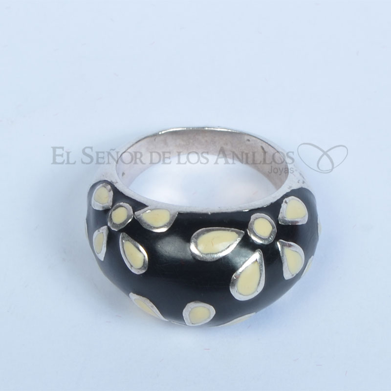 Anillo Fem. de Plata 925 Negro con Detalles de Flor - Ref.: 200104015