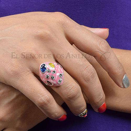 Anillo Fem. de Plata 925 Rosado con Circones Coloridos - Ref.: 200104016