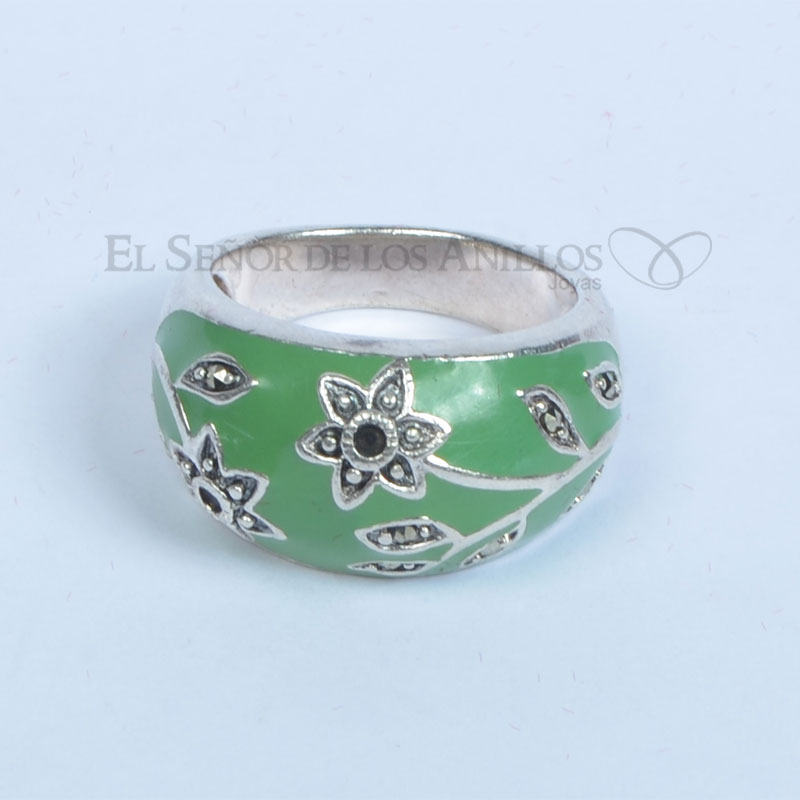 Anillo Fem. de Plata 925 Verde con Detalles de Flor - Ref.: 200104013