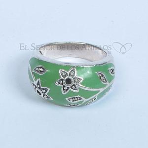 Anillo Fem. de Plata 925 Verde con Detalles de Flor - Ref.: 200104013